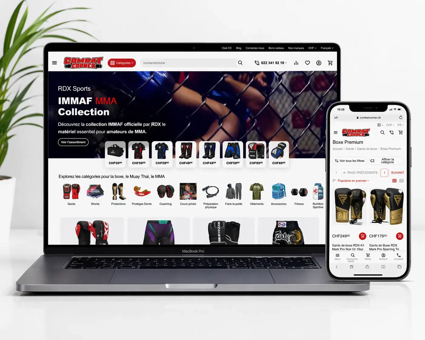 Site e-commerce MMA responsive sur ordinateur et mobile Combat Corner Suisse