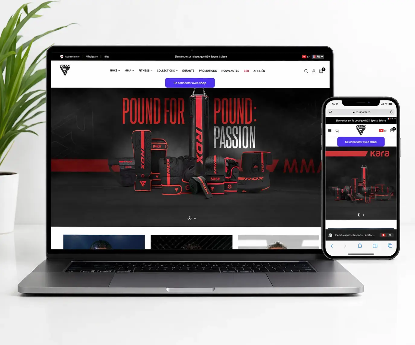 Mockup site e-commerce RDX Sports Suisse sur ordinateur portable et mobile