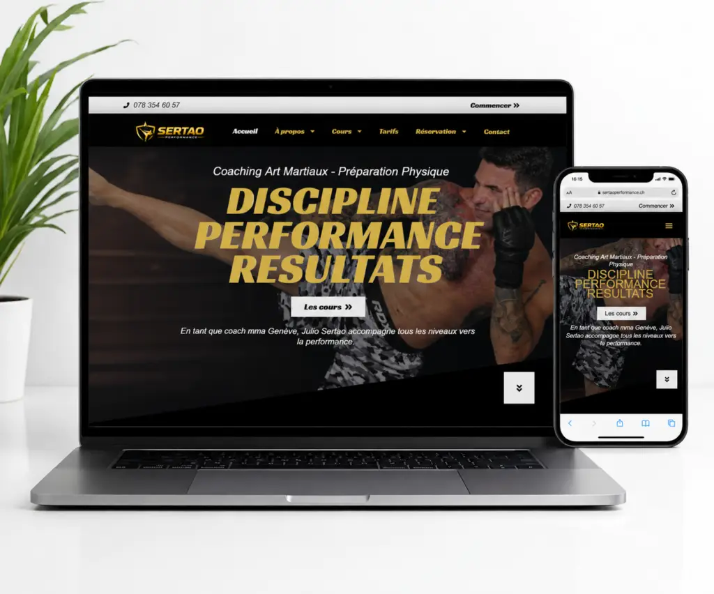 Maquette du site web Sertaoperformance, coach en arts martiaux, sur ordinateur et smartphone